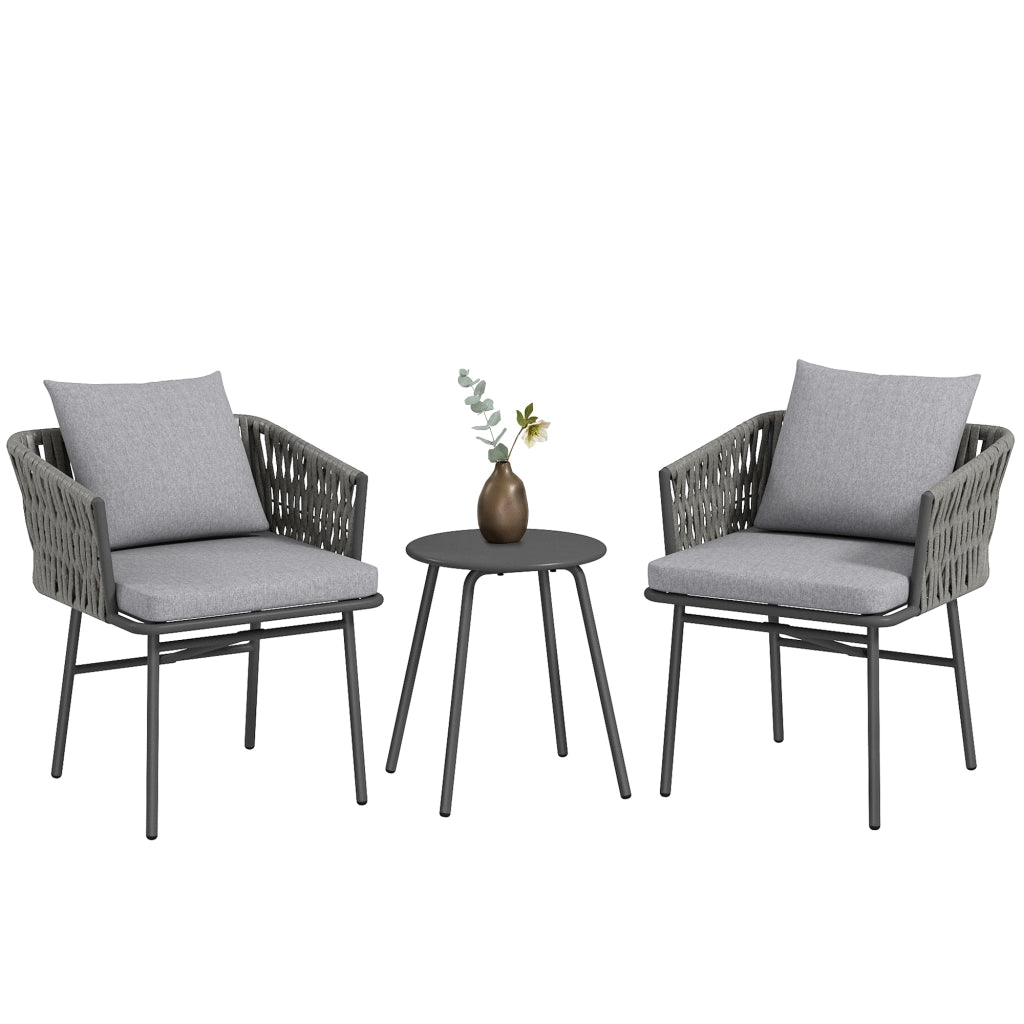Set bistrot giardino 3 pezzi con cuscini ¨C Xylo ¨C 2 sedie + 1 tavolo, rattan, telaio acciaio, grigio