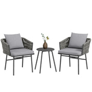 Set bistrot giardino 3 pezzi con cuscini ¨C Xylo ¨C 2 sedie + 1 tavolo, rattan, telaio acciaio, grigio
