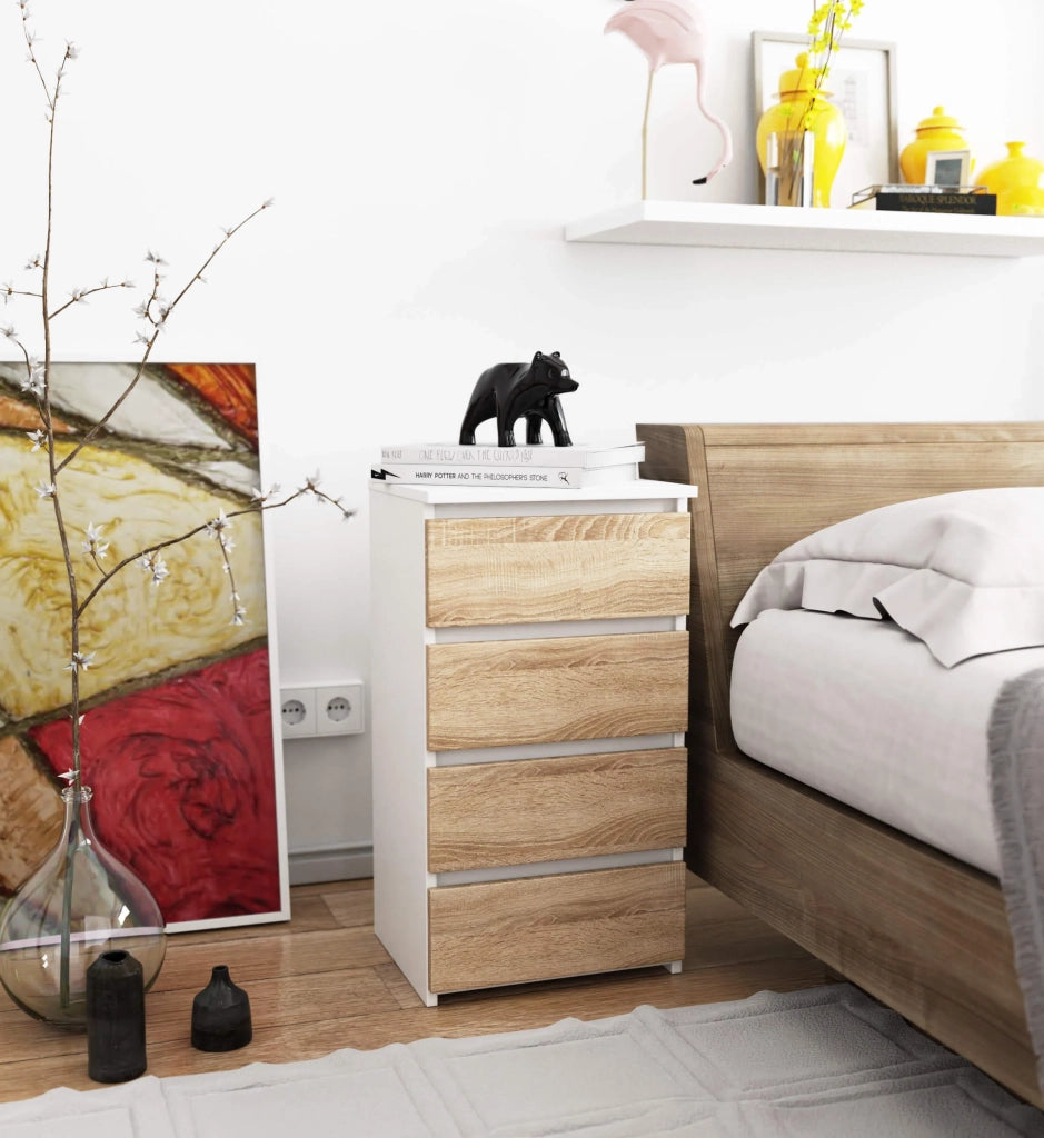 Cassettiera AKORD CL4 Cassettiera Bianca 40 cm 4 cassetti inserto frontale Sonoma Quercia 40x35x74 cm
