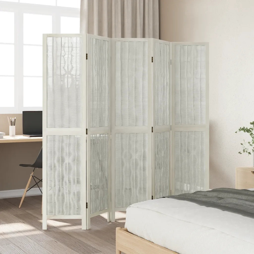 Divisorio Ambienti 5 Pannelli-Set di 5 pannelli Paravento Bianco Legno Massello di Paulownia 466861