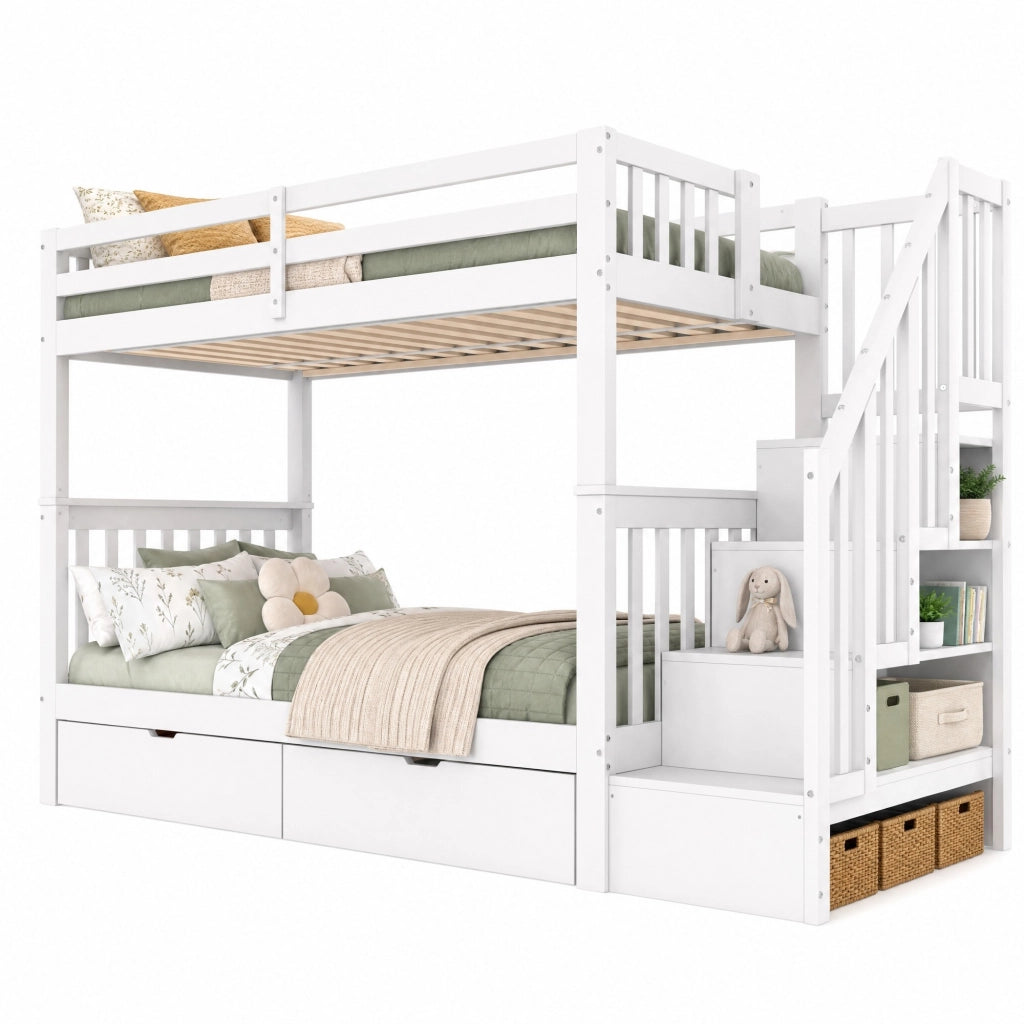Letto a castello 90x200 cm con scala contenitore e 2 cassetti