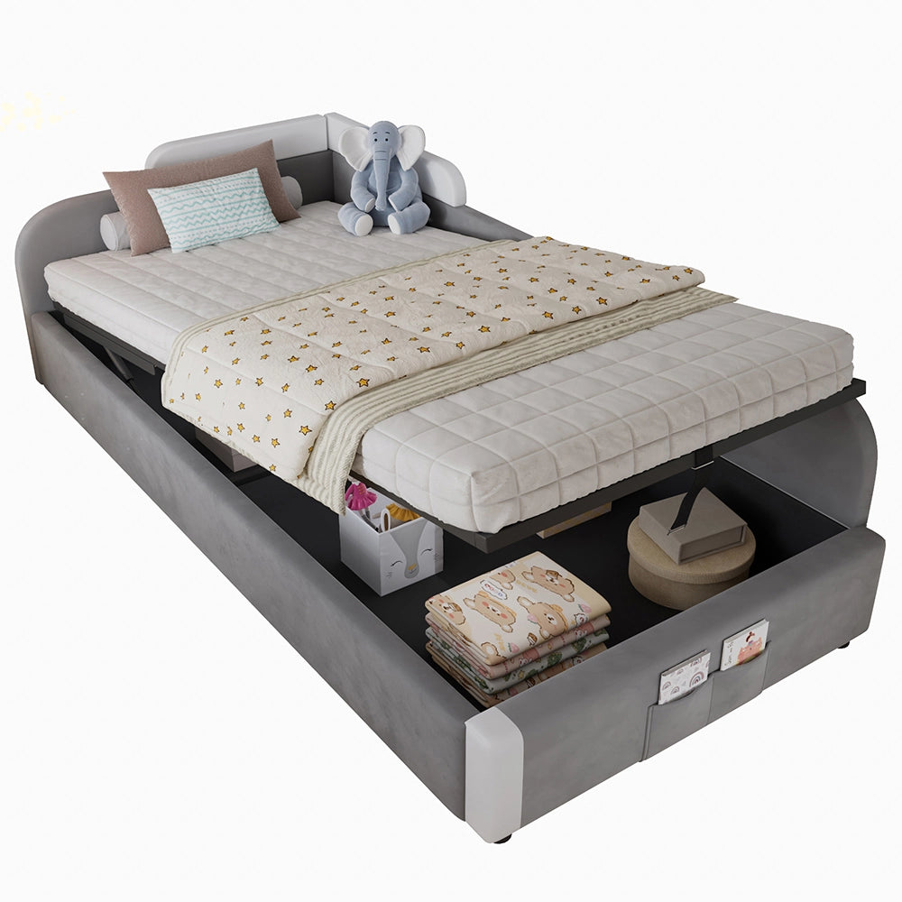 Letto Singolo Idraulico con Contenitore 90x200cm - Xylo - Velluto Grigio con Sponde Morbide