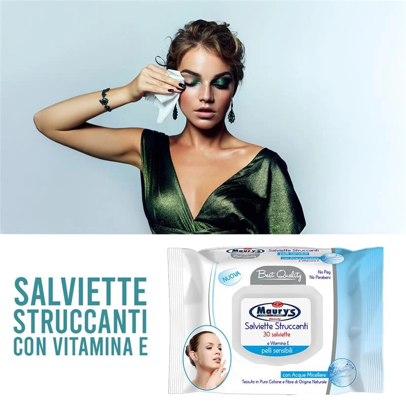 MAURY'S SET 3CF SALVIETTE DETERGENTI UMIDIFICATE STRUCCANTI 3IN1 30PZ PELLI SENSIBILI