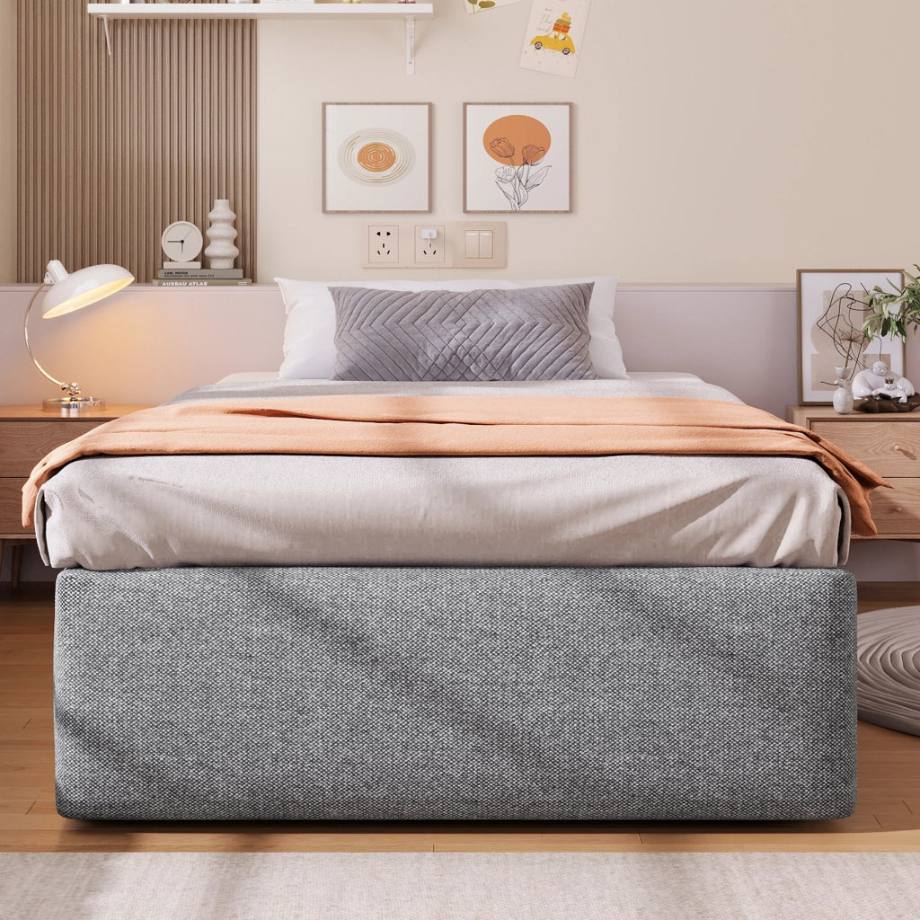 DESMIU Letto imbottito 90 × 200 cm 1 posto con 1 cassetto, contenitore idraulico, senza materasso, tessuto grigio