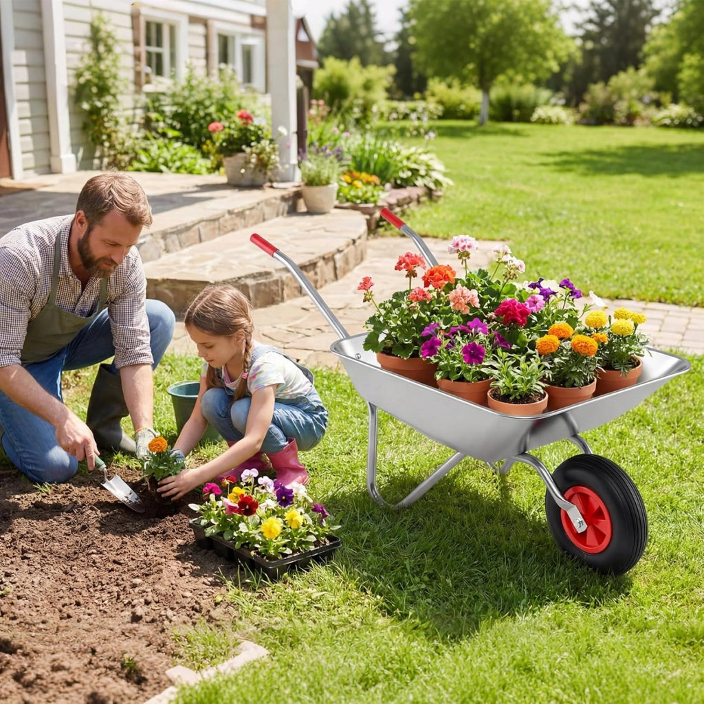 Carriola da Giardino, Carriola a Ruota Singola con 2 Manici Ergonomici e Ruota in Gomma, Capacità 62,5L 136 kg, Acciaio Zincato, per Giardinaggio, Costruzioni e Trasporto, 133 x 60 x 64 cm