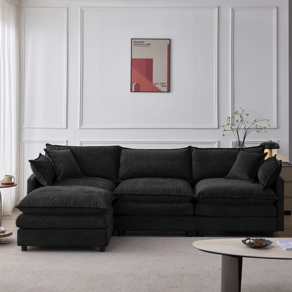 Divano angolare modulare 3 posti con pouf mobile e cuscini sfoderabili per soggiorno in chenille nero