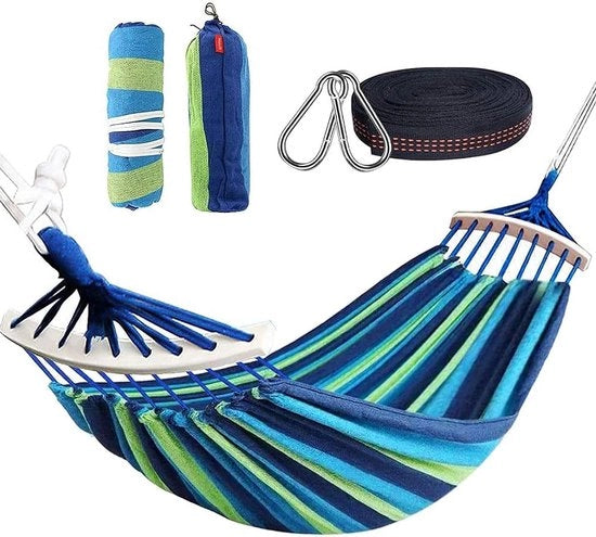 Hamaca da Esterno a Doppia Corda 280 x 150 cm per Viaggio Campeggio Escursione Giardino - Portatile e Respirabile - Capacità di Carico fino a 300 kg - Strisce Blu