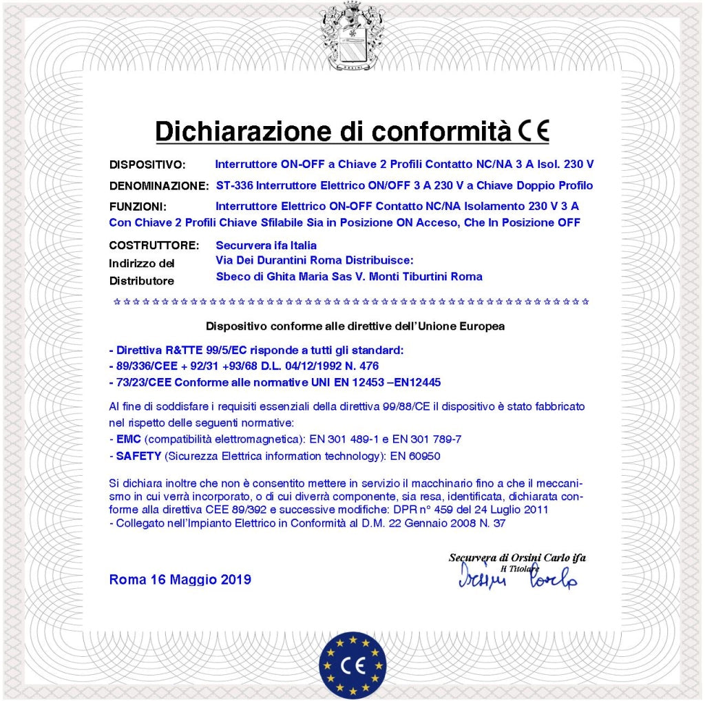 Interruttore Con Chiave Doppio Profilo Due Posizioni ON-OFF Contatti NC/NA da 3 A Isolamento 230 V Sistema Antimpronta Con 2 Chiavi Utile Inserire Disinserire Allarme Sirena o Qualsiasi Apparato