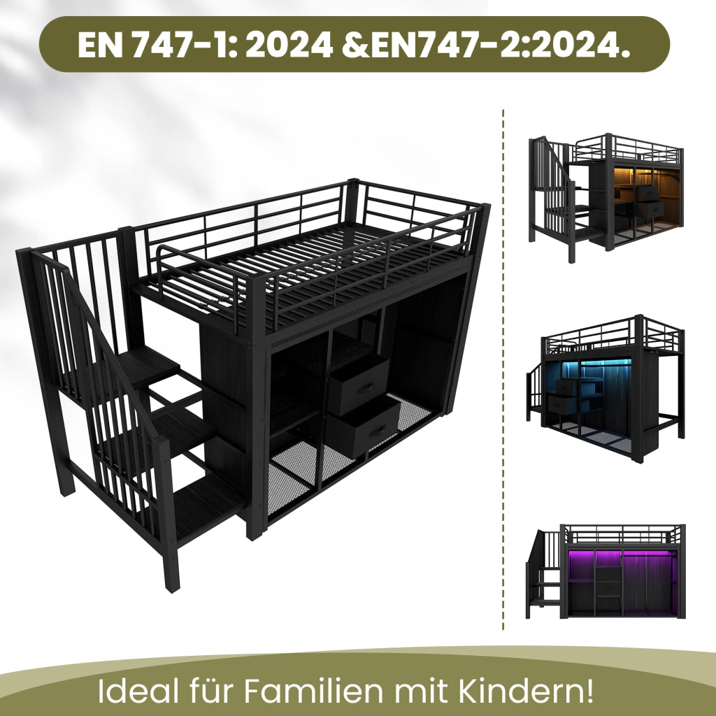 Letto a soppalco 90×200 cm con 2 cassetti; armadio aperto; LED; 3 vani portaoggetti; senza materasso; nero