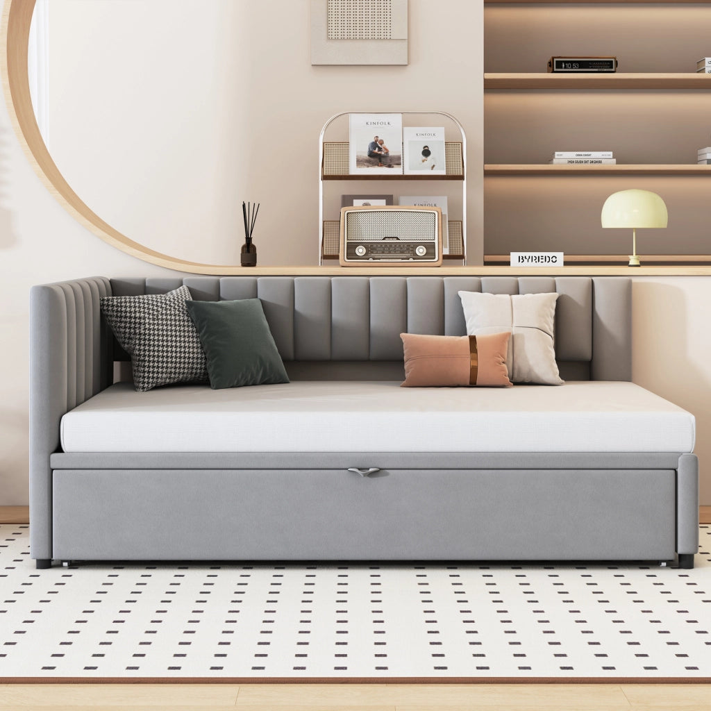 Letto estraibile singolo 90×200 cm e 180×200 cm con testiera imbottita; senza materasso; velluto; grigio