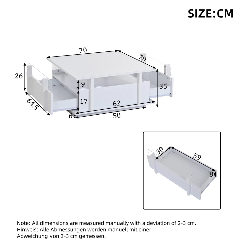 Tavolino da caffè con 2 cassetti e LED - per soggiorno - in truciolare - 70×70×35 cm - bianco