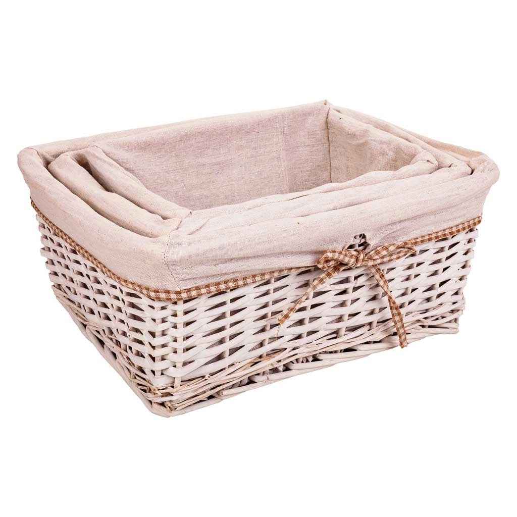 Set di 3 cestini in vimini foderati di bianco