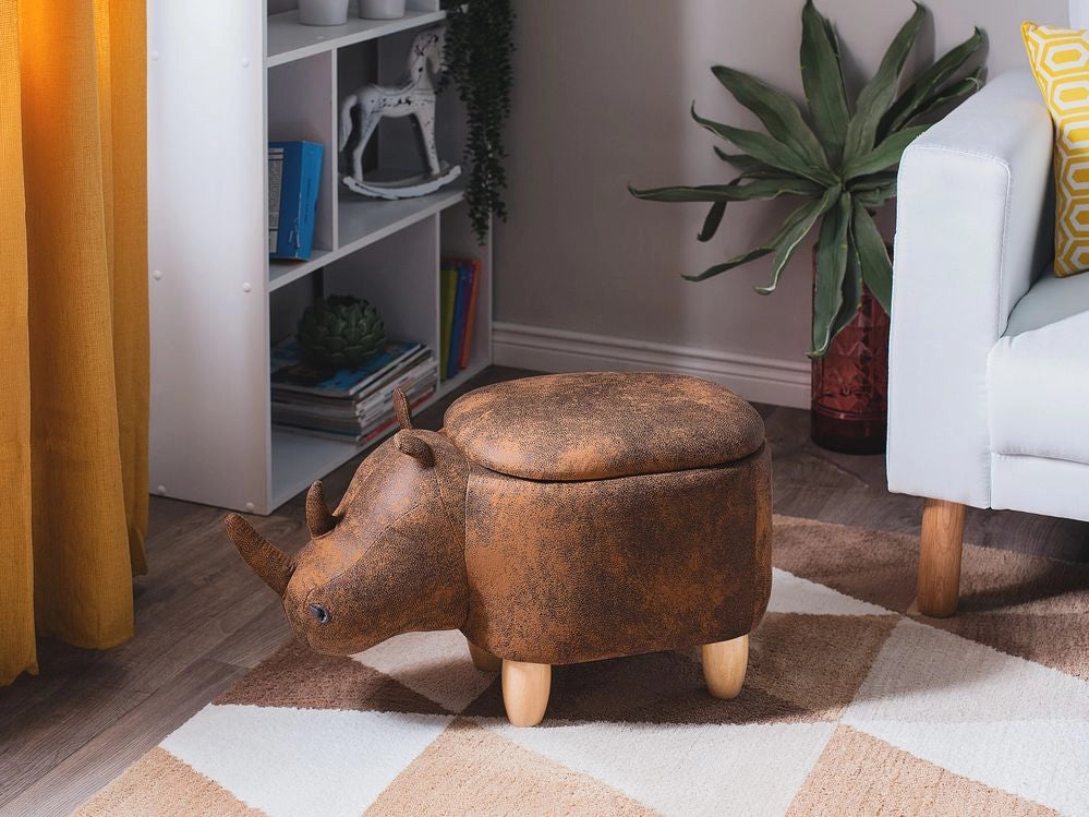 Sgabello per bambini Animal Rhino con contenitore in ecopelle marrone con gambe in legno Poggiapiedi per la cameretta dei bambini