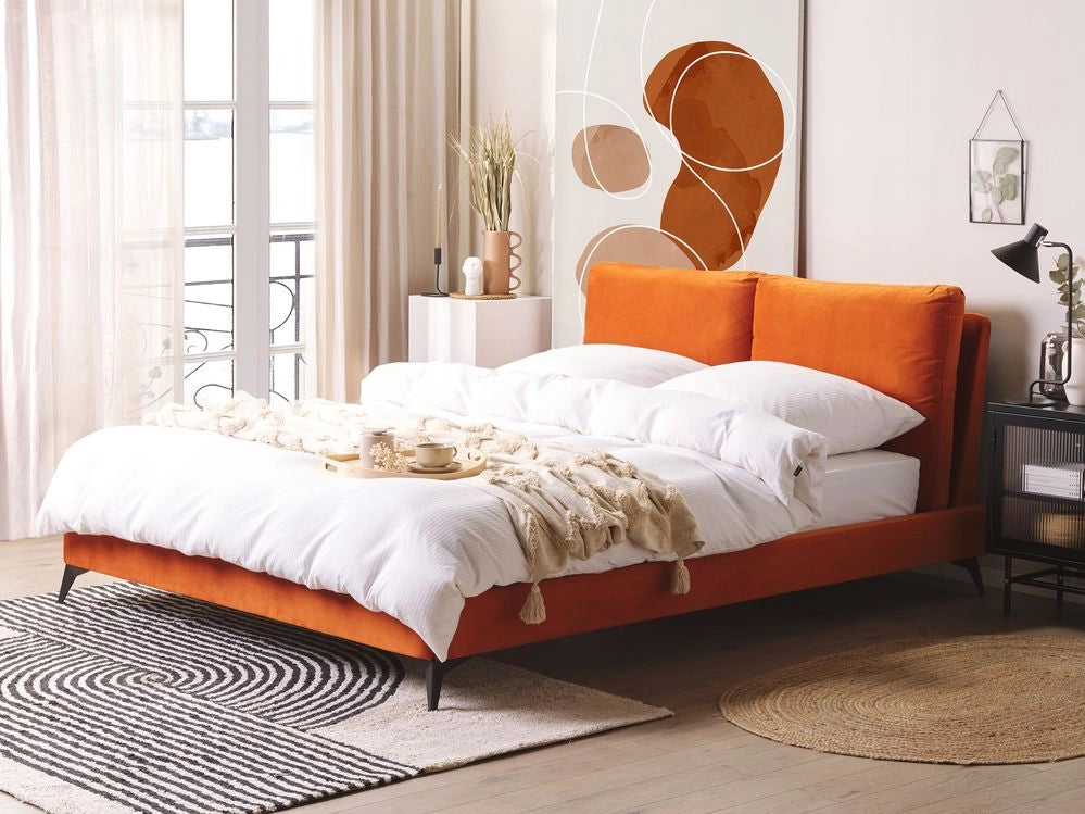 Letto imbottito moderno in velluto arancione 160 x 200 cm