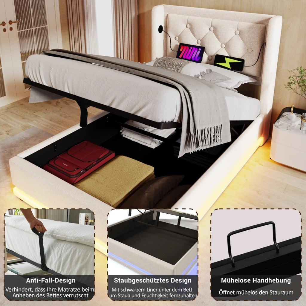letto imbottito cotone beige 90 x 200 cm