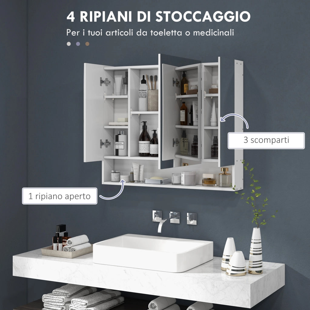 Armadietto da Bagno 90x15x75 cm con Specchio 3 Ante Soft Close e Ripiani Regolabili in MDF Bianco