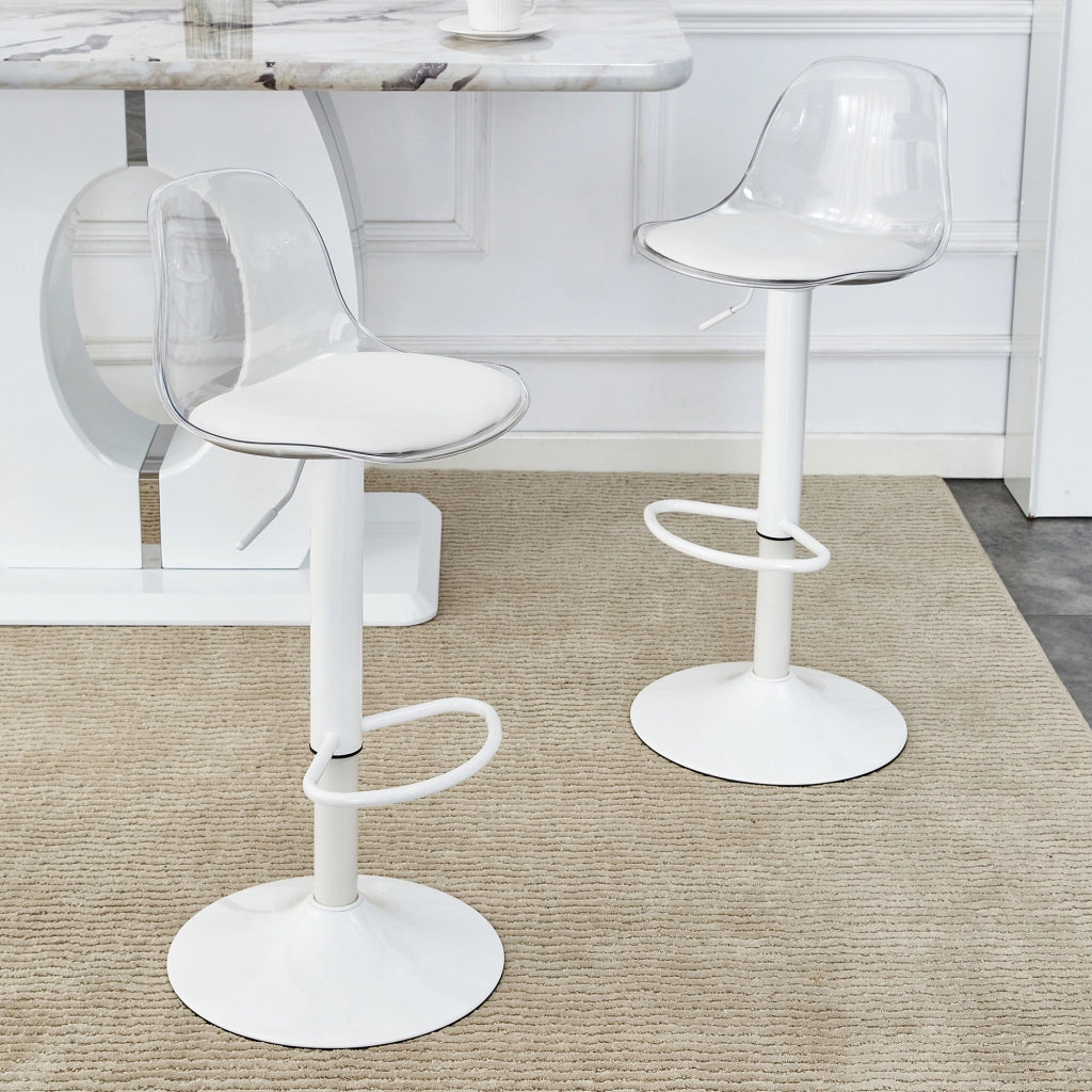 Set da 2 sedie a trave regolabili: schienale trasparente + gambe in metallo bianco, altezza regolabile da 82 a 104 cm, rotazione a 360¡ã.