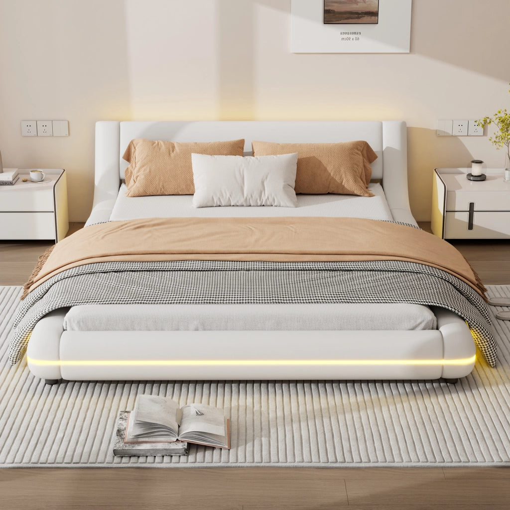 LETTO Basso 140x200 cm PU Bianco con LED Ambientale