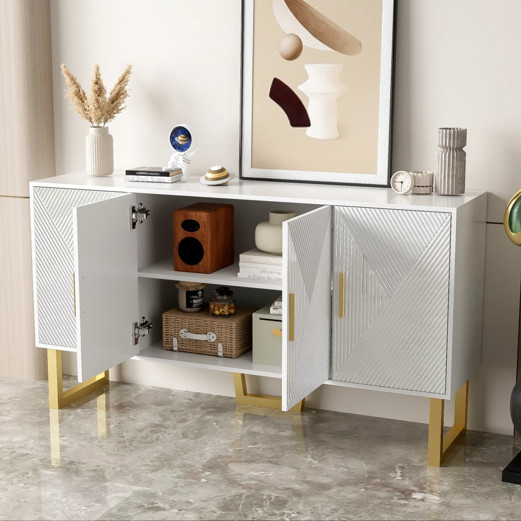 OKWISH Madia con 4 Ante e Ripiani Regolabili, Frontali Lucidi con Texture, per Soggiorno, MDF, Bianco, 150 x 40 x 82 cm