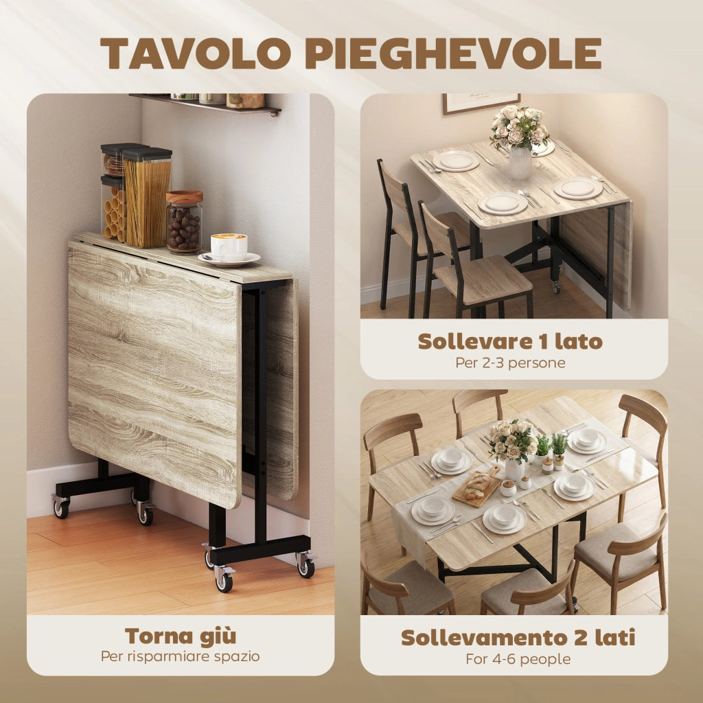 Tavolo Pieghevole per 4-6 Persone con 2 Ribalte e Ruote con Freno, 120x80x73 cm, Rovere