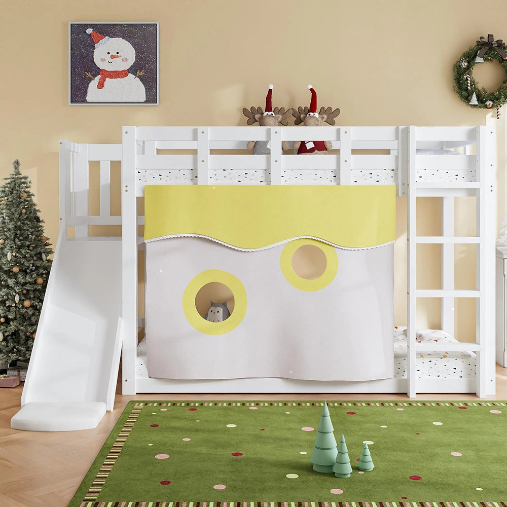 Letto a castello-Xylo-90x200cm scala barriere tenda scivolo pino+MDF