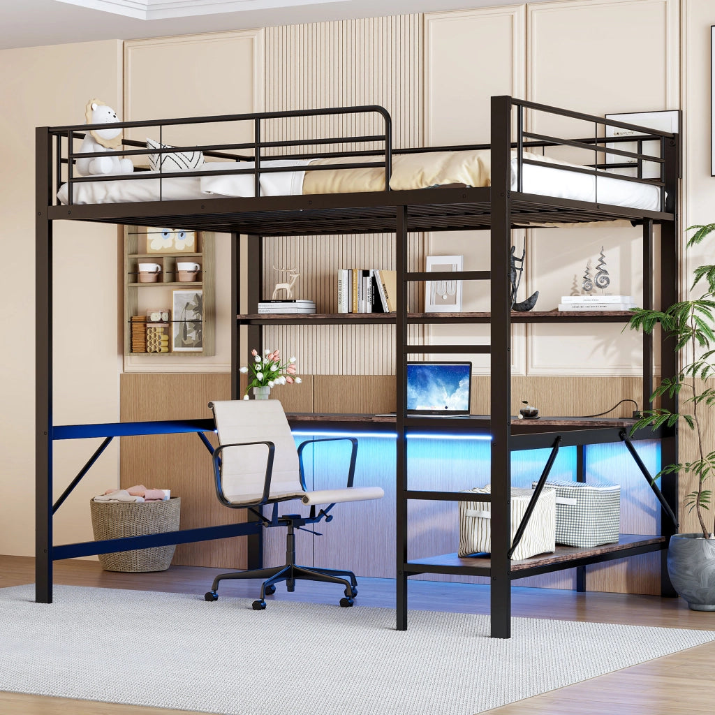 LETTO a soppalco 140x200 cm Metallo Nero con scrivania, ripiani, LED, USB