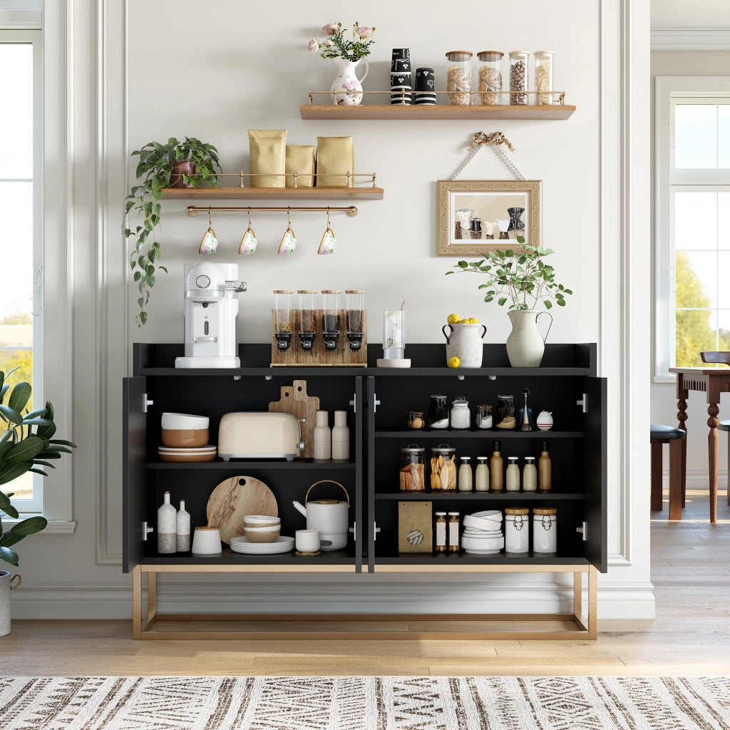 Credenza buffet 120cm nera, mobile soggiorno in pannello di particelle con base metallo oro, 4 ante push‑to‑open, ripiani regolabili, mobile da ingresso sala da pranzo
