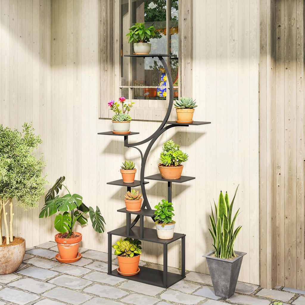 Scaffale porta piante a 8 livelli ¨C Xylo ¨C Metallo nero a forma di S 158,5 cm