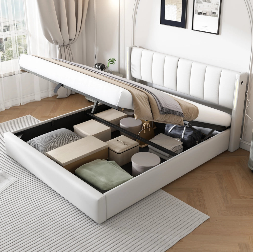 Letto imbottito 180x200 cm con LED, USB ricaricabile e vano contenitore