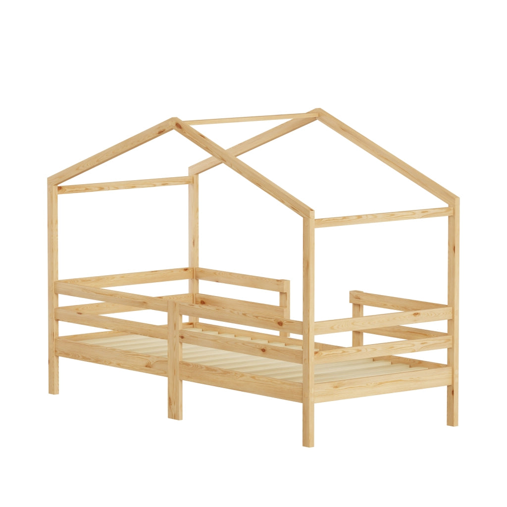 Letto a casetta per bambini 90x200 cm in legno massello di pino, per maschietti e femminucce, con tetto a forma di casetta, protezione anticaduta su t