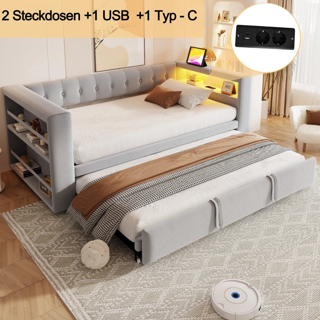 DESMIU Letto singolo 90 × 190 cm e 180 × 190 cm con LED, prese, contenitore, senza materasso, in flanella, grigio chiaro