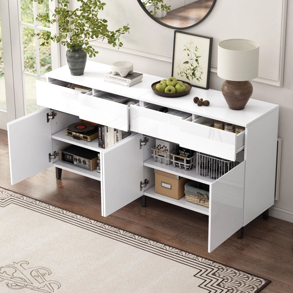 Credenza moderna bianca lucida 160x40x68 cm in truciolare; con 4 cassetti e ripiani regolabili