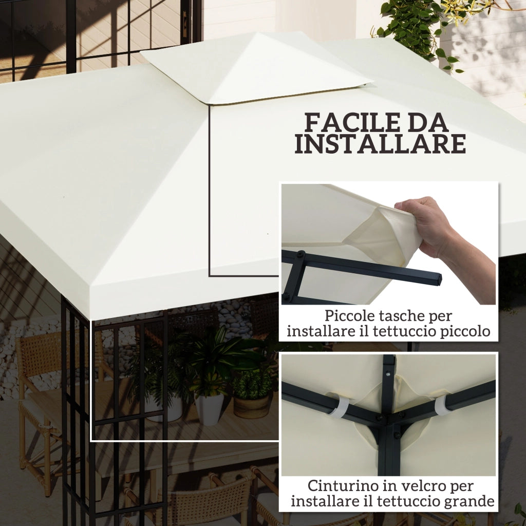 Telo Gazebo 3x3 m a 2 Livelli in Poliestere Resistente. Copertura Gazebo 3x3 con 8 Fori di Drenaggio e Cinghie in chiusura a strappo. Crema