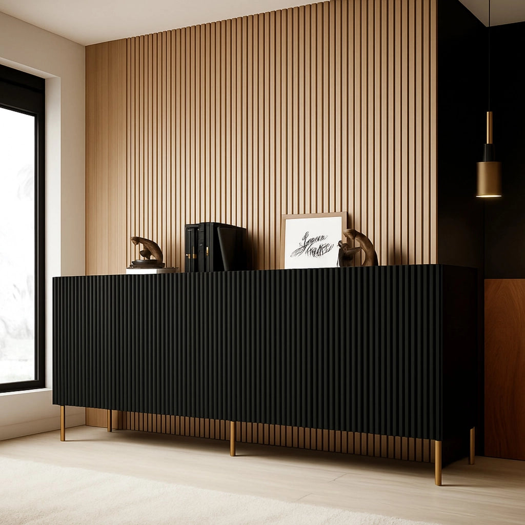 Credenza Londa, Madia da salotto con quattro ante battenti, Rialzato da terra, 200x42 h82 cm, Nero