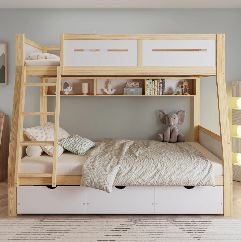 Letto a castello bambini 90x200 cm e 120x200 cm con cassetti e libreria in legno; MDF e compensato bianco e naturale