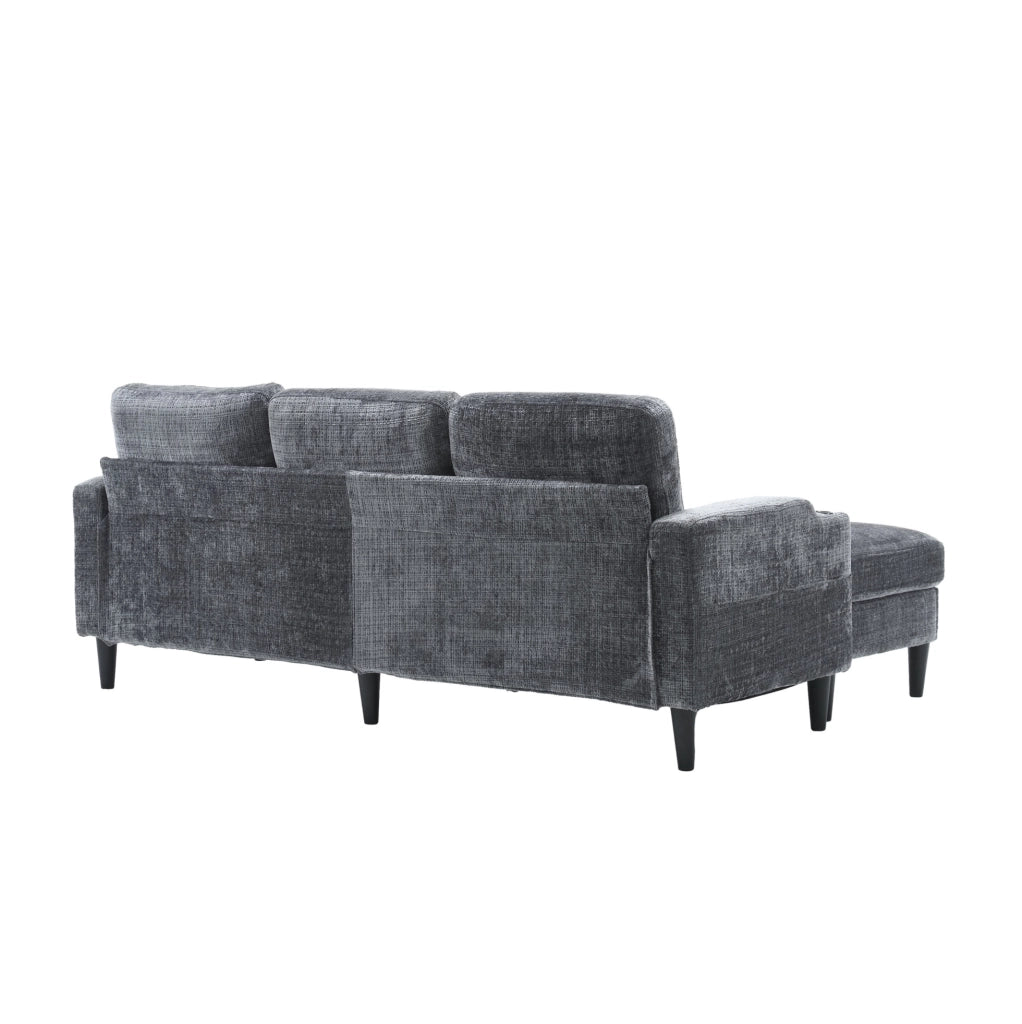 Divano 4 posti con pouf contenitore; rivestimento in chenille grigio; 196;5 cm
