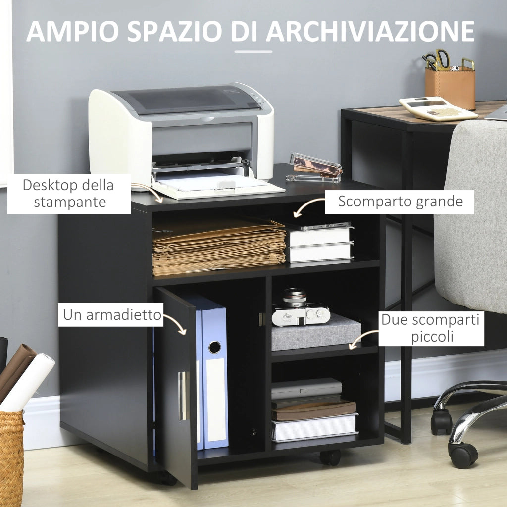 Mobile Porta Stampante a Rotelle con Armadietto e 3 Ripiani Aperti, in Legno, 60x50x65.5 cm, Nero