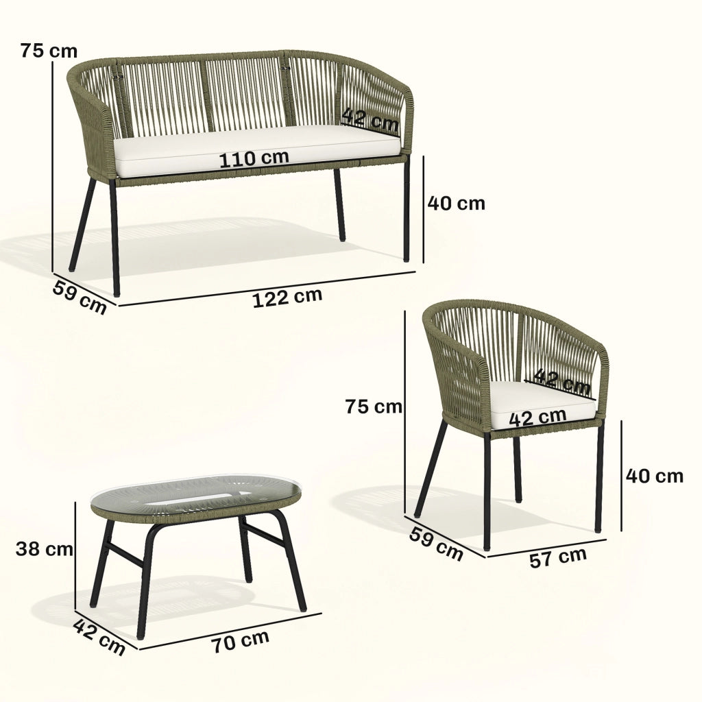 Set Divano Esterno 4 Posti con 2 Poltrone e Tavolino in Vetro Temperato ¨C Minimal ¨C Tessuto Tress¨¦ Colore Crema