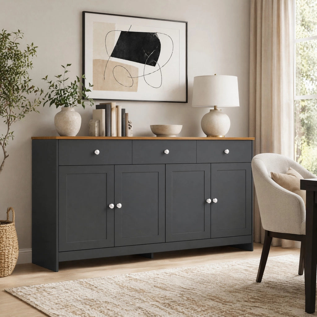 SIDEBOARD 160 cm in MDF Nero/Grigio con 3 cassetti e 4 ante