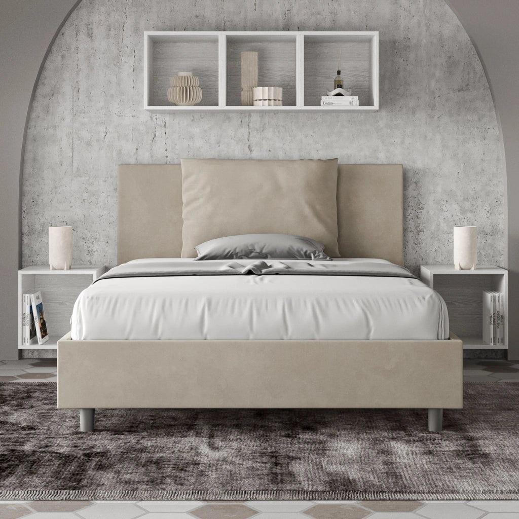 BS COM Letto queen size senza rete imbottito 150x210 microfibra sabbia