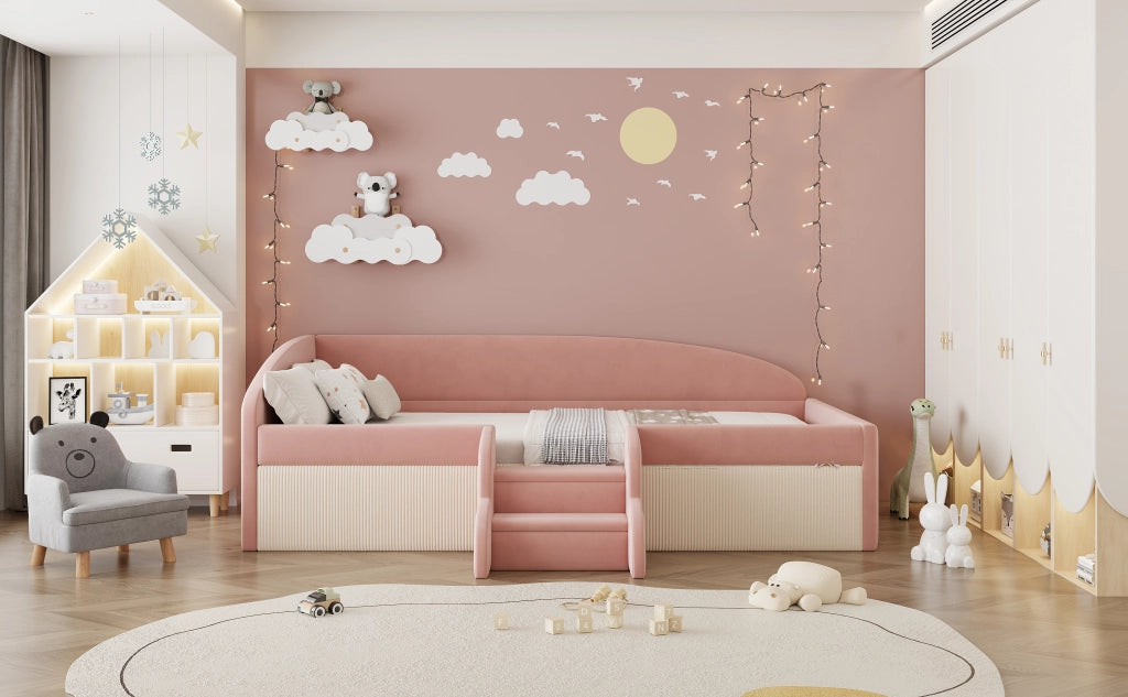 LETTO Imbottito con scalini e spondine 90x190 cm Velluto Rosa e Bianco