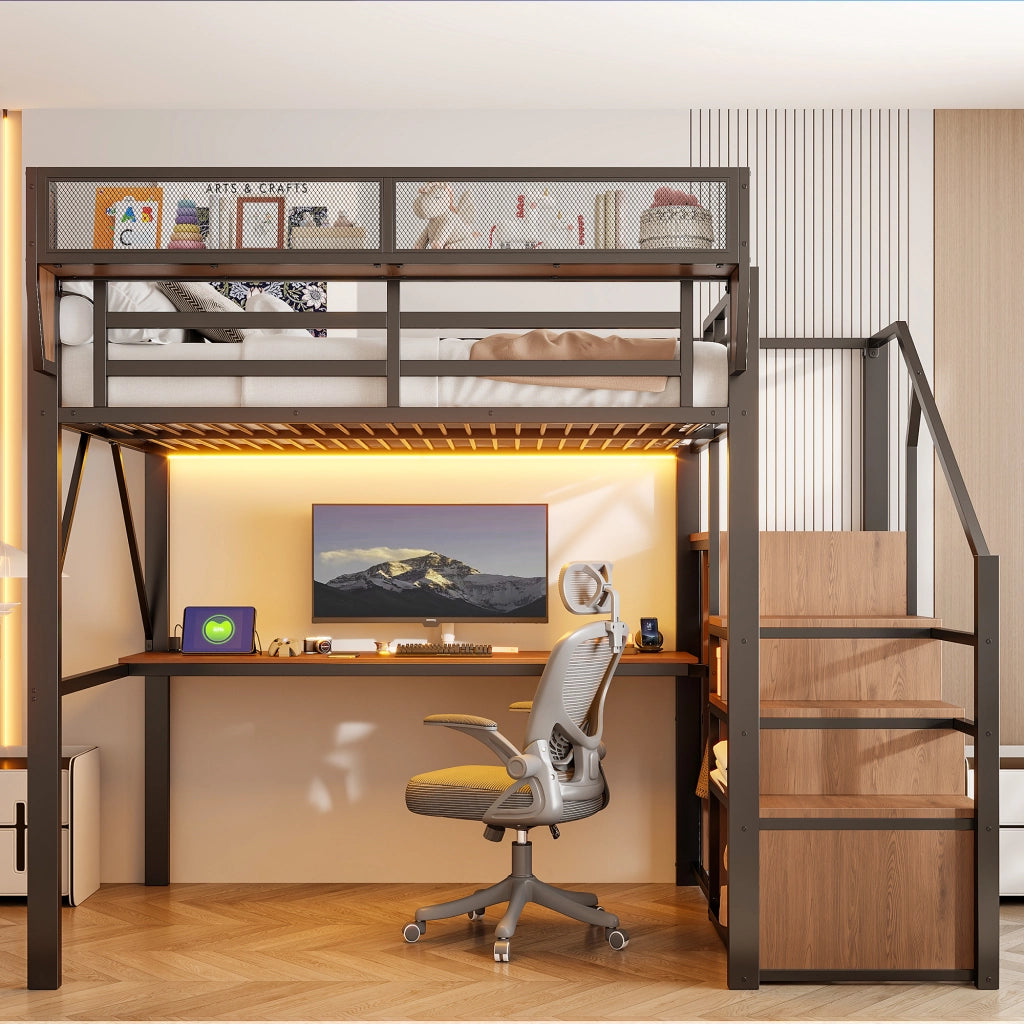 Letto a soppalco matrimoniale con striscia LED; scrivania da 200 cm; scala di sicurezza e scaffale flessibile 140 × 200 cm; senza materasso