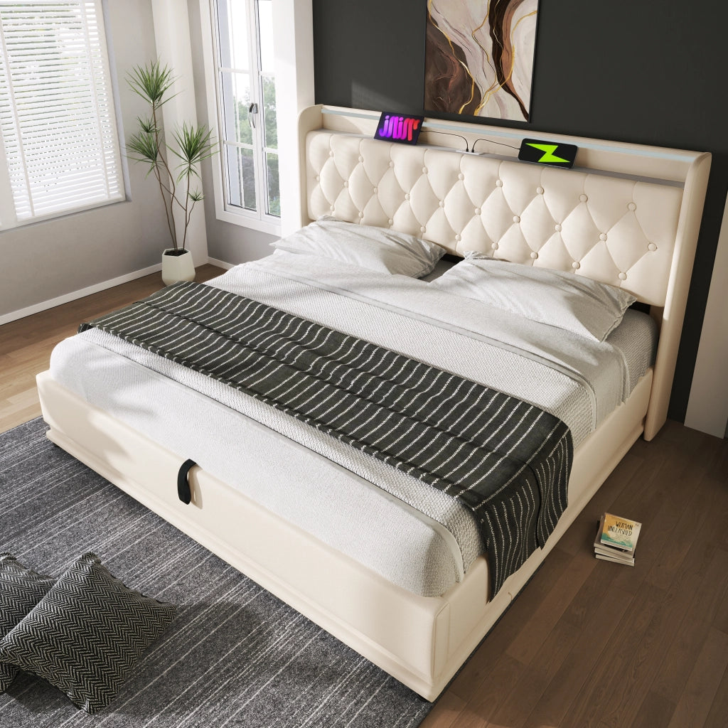 LETTO Contenitore con LED e USB Tipo-C 160x200 cm PU Bianco