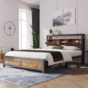 Letto matrimoniale in metallo con testiera contenitore; doghe in metallo; nero; 140x200 cm; senza materasso