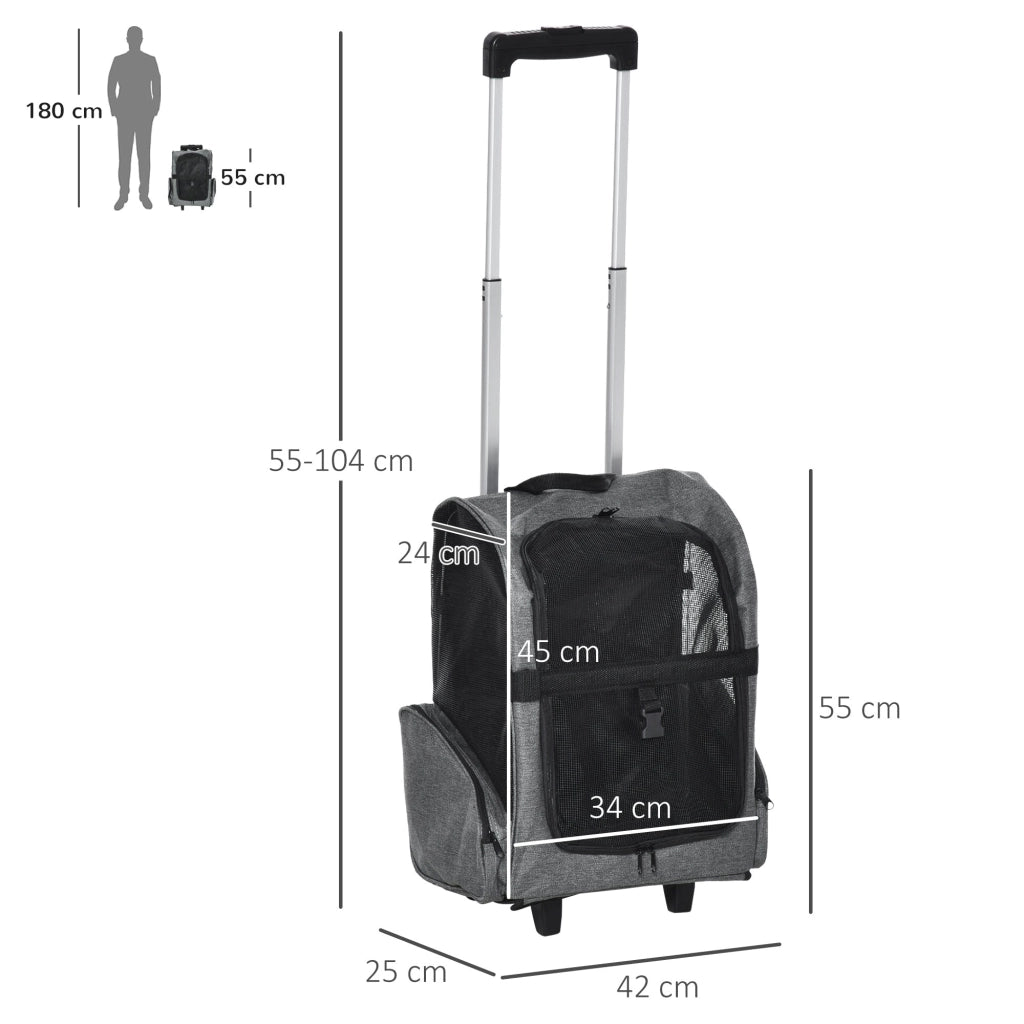 Trolley Zaino Trasportino per Cani e Gatti 42x25x55 cm in Oxford con Rete Traspirante Grigio