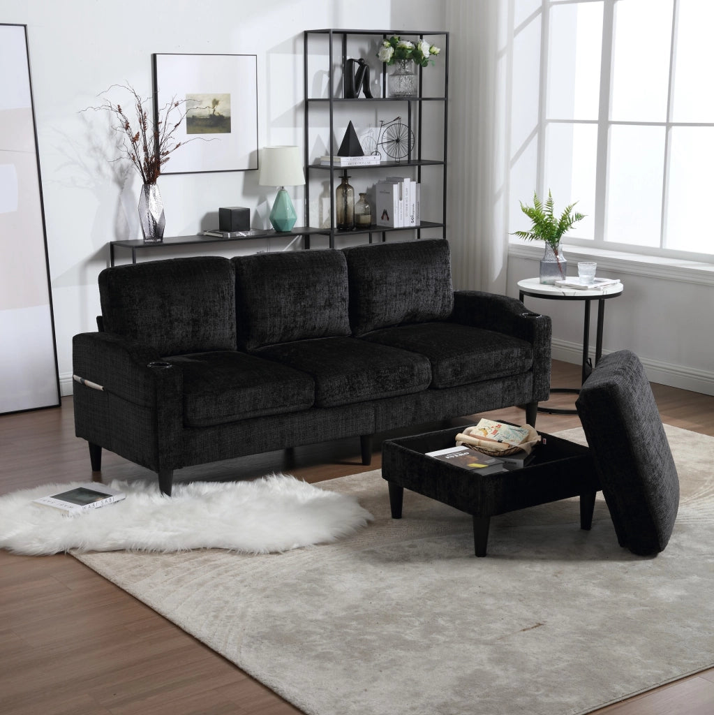 Divano 4 posti con pouf contenitore e portabicchieri 196;5x75x77 cm; chenille nero