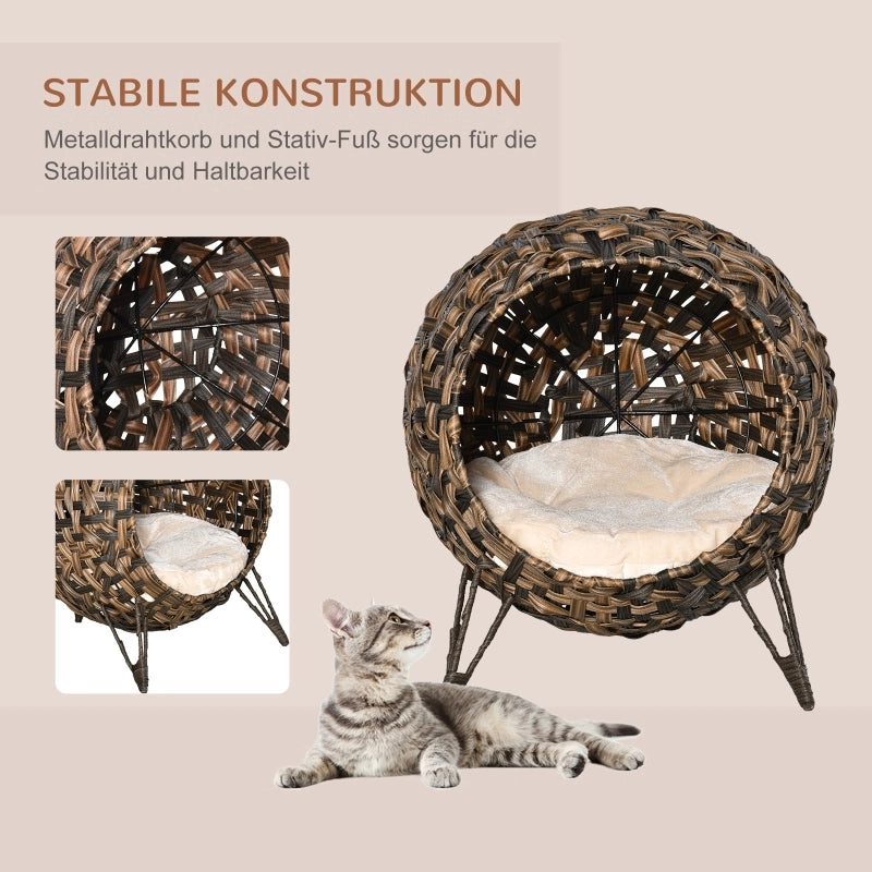 Casetta per gatti in rattan con cuscino, cuccia, grotta per gatti con piedini rialzati, marrone, ?52 x 58 cm