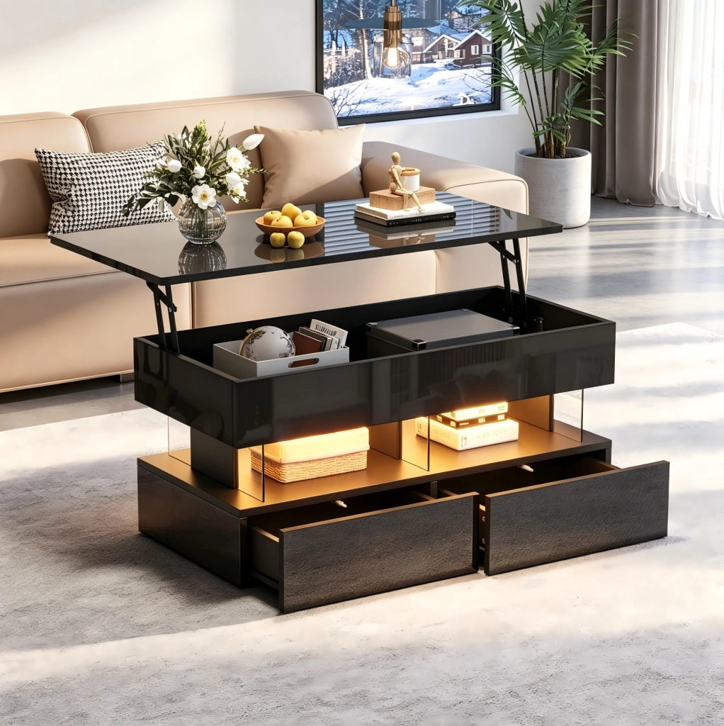 Tavolino da caffè elevabile 100 x 50 x 46 cm nero in MDF con LED e 2 cassetti