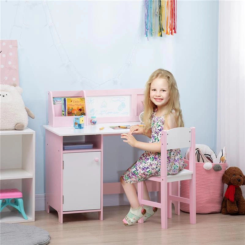 SET TAVOLO E SEDIE PER BAMBINI 5+ ANNI IN LEGNO CON BANCO SCUOLA 90X45X85 CM E SEDIA 29X29X66 BIANCO E ROSA