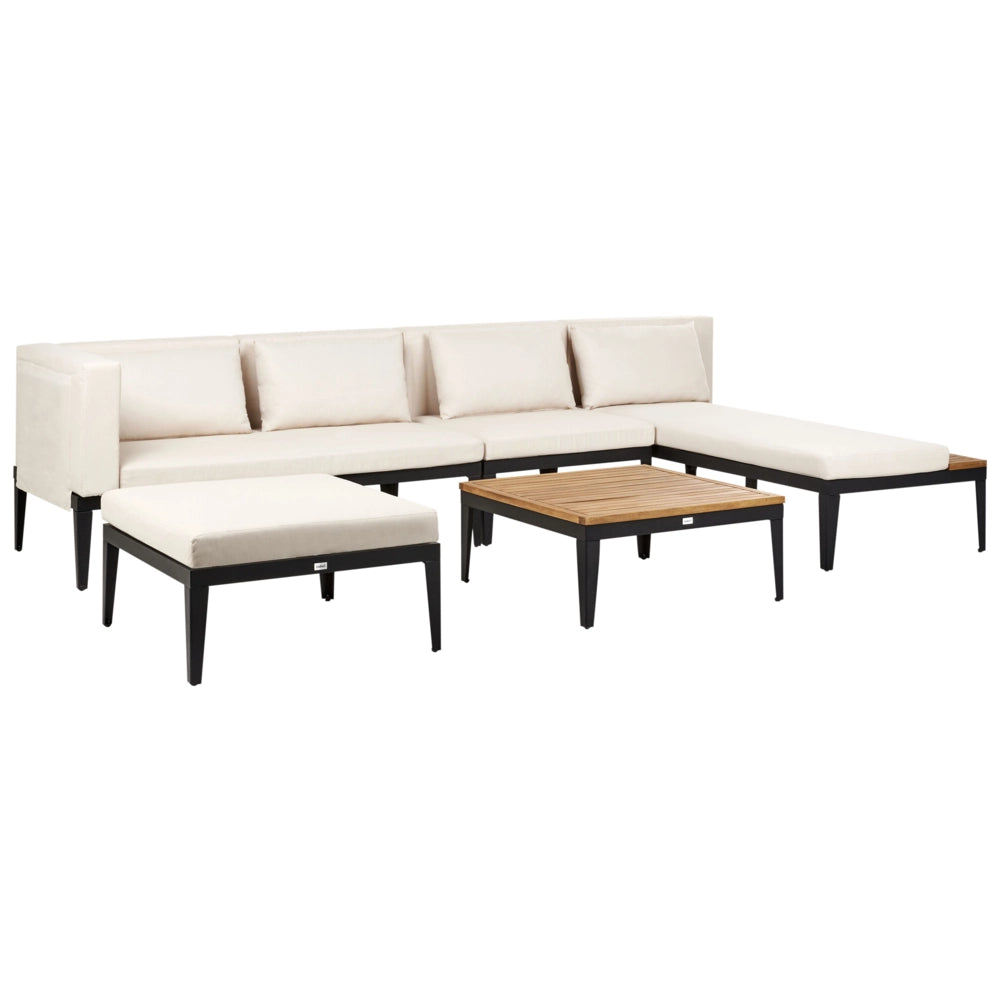 Set da giardino divano angolare 4 posti in legno di acacia certificato con tavolino e pouf cuscini beige chiaro lato sinistra